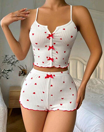 Miss Beyaz Fiyonk Desenli Kalpli Askılı Şortlu Pijama Takım