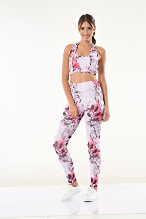 Kadın Çiçek Desenli Büstiyer Tayt Takım