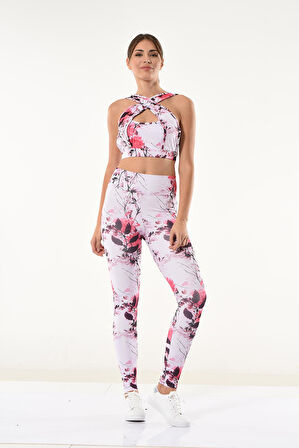 Kadın Çiçek Desenli Büstiyer Tayt Takım