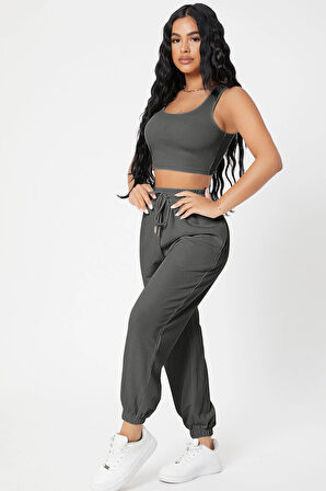 Kadın Antrasit Gri Kaşkorse Cepli Jogger Eşofman Altı ve Crop Top Bluz