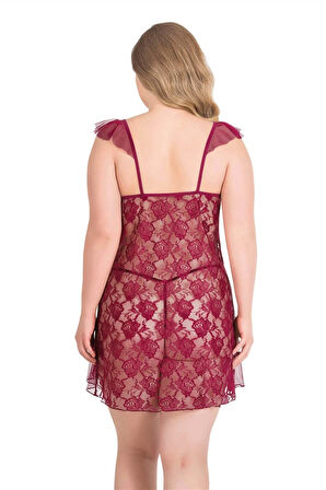 Miss Büyük Beden Bordo Kısa Tül Gecelik