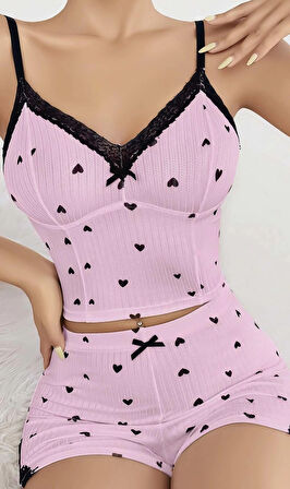 Miss Pembe Kalp Desenli Askılı Şortlu Pijama Takım