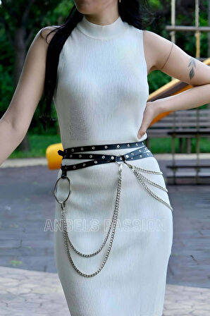 Zincir Detaylı Bele Domalı Şık Deri Kemer