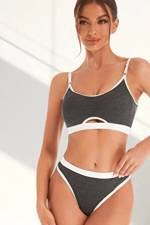 Kadın Gri Antrasit Kaşkorse ve Beyaz Lastikli Cut-Out Tanga Külotlu Takım