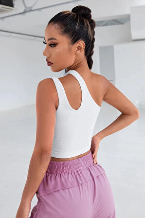 Kadın Beyaz Tek Omuz Cut Out Detaylı Crop Top Bluz
