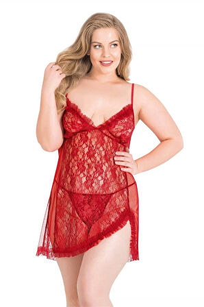 Miss Büyük Beden Kırmızı Kısa Tül Gecelik