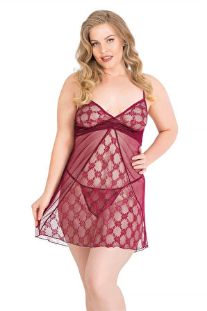 Miss Büyük Beden Bordo Kısa Tül Gecelik