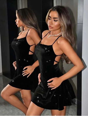 Miss Siyah Sırt Dekolteli Simli Fantezi Mini Club Elbisesi