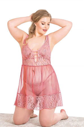 Miss Büyük Beden Mercan Kısa Tül Gecelik