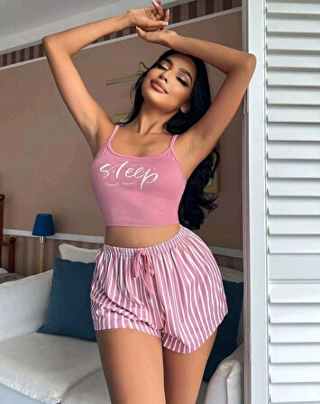 Kadın pembe çizgili desen Askılı Şortlu Pijama Takım 9002