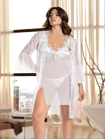  Beyaz Transparan Dantel İşlemeli Tül Yırtmaçlı 2'li Gecelik Takımı