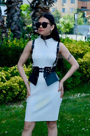 Elbise, TShirt ve Gömlek Üzeri Deri Şık Kemer ve Choker Takım