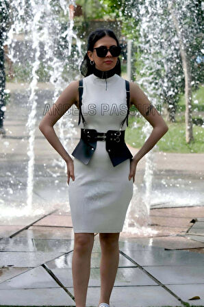 Elbise, TShirt ve Gömlek Üzeri Deri Şık Kemer ve Choker Takım