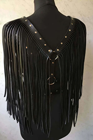 Püsküllü Deri Ceket Harness, Şık Deri Harness Ceket
