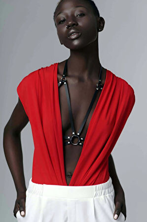 Omuz Göğüs Detaylı Şık Deri Harness