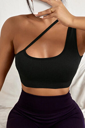 Kadın Siyah Tek Omuzlu Çapraz Askılı Crop Top Büstiyer