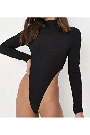 Yüksek Bel Detaylı Balıkçı Yaka Uzun kollu Body