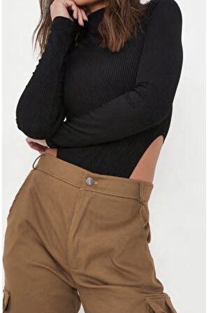 Yüksek Bel Detaylı Balıkçı Yaka Uzun kollu Body