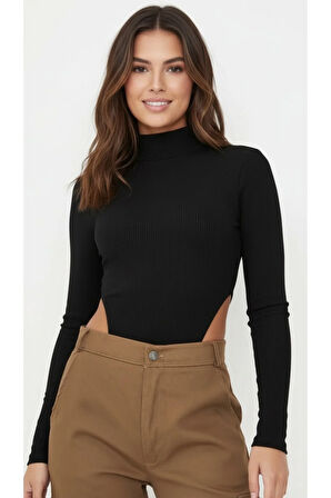 Yüksek Bel Detaylı Balıkçı Yaka Uzun kollu Body