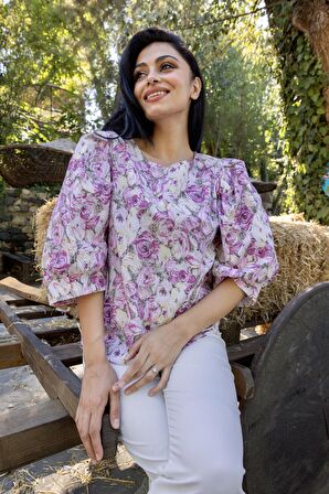 Pembe Pastel Çiçekli Salaş Kesim Balon Kol Bluz