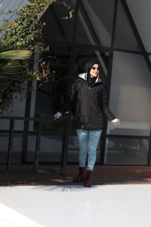 Barbora Kışlık Kapüşonlu Uzun Kadın Şişme Tesettür Mont 805siyahtesettür