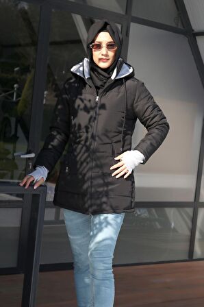 Barbora Kışlık Kapüşonlu Uzun Kadın Şişme Tesettür Mont 805siyahtesettür