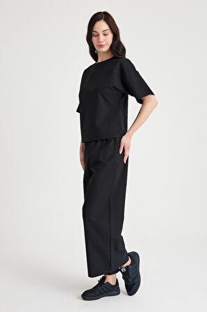 Barbora Keten Günlük Rahat Beli Lastikli Kadın İkili Takım Alt Üst LN10siyahi1