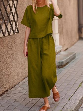 Barbora Keten Günlük Rahat Beli Lastikli Kadın İkili Takım Alt Üst LN10haki10