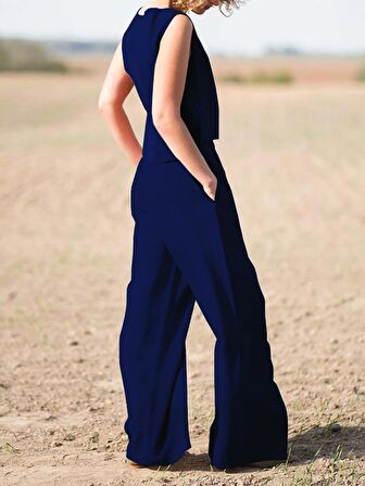Barbora Keten Günlük Rahat  Kolsuz  Alt Üst Kadın Takım LN08lacivert13