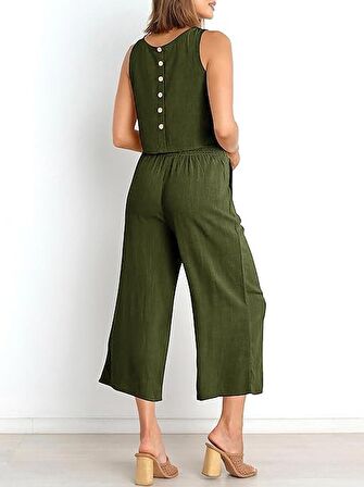 Barbora Keten Yazlık Yüksel Bel Capri Pantolon Sırt Detaylı Kolsuz İkili Takım Ln26haki3