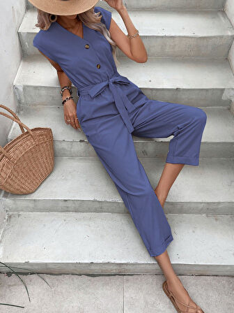 Keten Kadın V Yaka Lacivert Tek Sıra Düğmeli Kolsuz Tulum