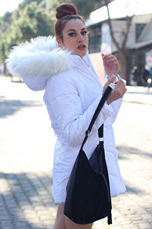 Günlük Kışlık Kapüşonlu Kürklü Orta Boy Kadın Şişme Mont