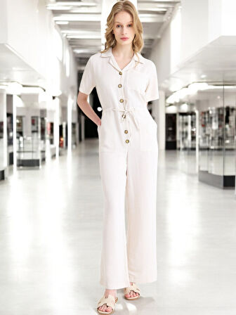 Yazlık Rahat Kısa Kollu Keten Tulum