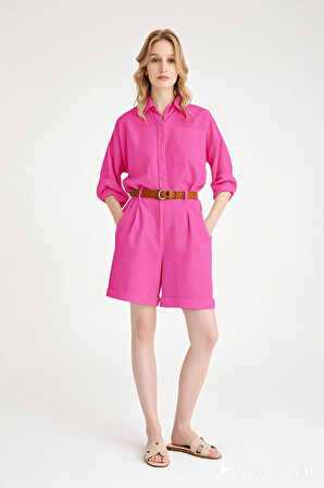 Yazlık Keten Uzun Kol Gömlek Şort İkili Fuşya Takım