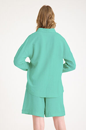 Yazlık Keten Uzun Kol Gömlek Şort İkili Su Yeşili Takım