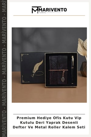 Premium Hediye Ofis Kutu Vip Kutulu Deri Yaprak Desenli Defter Ve Metal Roller Kalem Seti