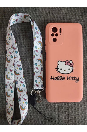 Xiaomi Redmi Note 10s Hello Kitty Tasarım Telefon Boyun Askılı Set Kılıf