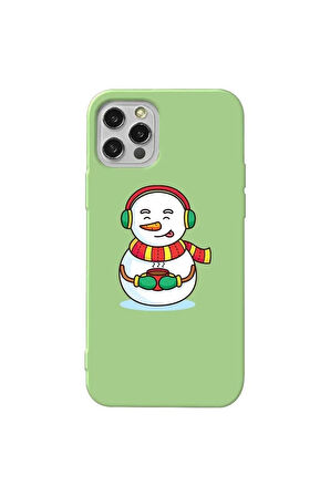 Iphone 12 Pro Max Uyumlu  Açik Yesil Renkli Silikon Telefon Kilifi - Snowman With Coffee