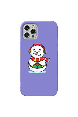 Iphone 13 Pro Max  Uyumlu  Lila Renkli Silikon Telefon Kilifi - Snowman With Coffee