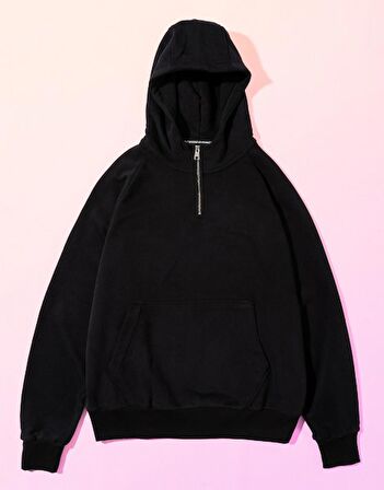 Street Style Yüksek Yaka Fermuarlı Oversize Erkek Hoodie NF0337SY