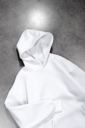 Beyaz Basic Erkek Hoodie PL1745BY