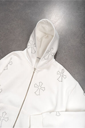 Cross Taşlı Beyaz Zip Oversize Erkek Ceket Hoodie