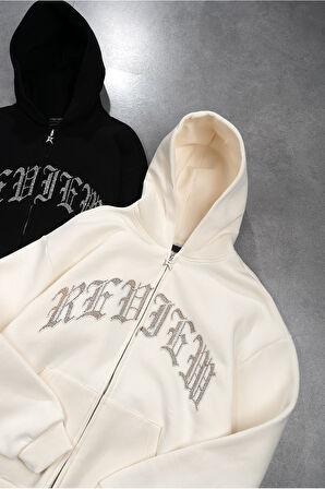 Taşlı Ekru Zip Oversize Erkek Ceket Hoodie