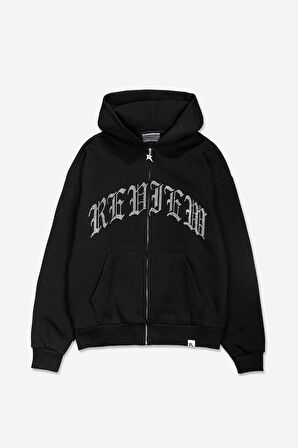 Taşlı Siyah Zip Oversize Erkek Ceket Hoodie