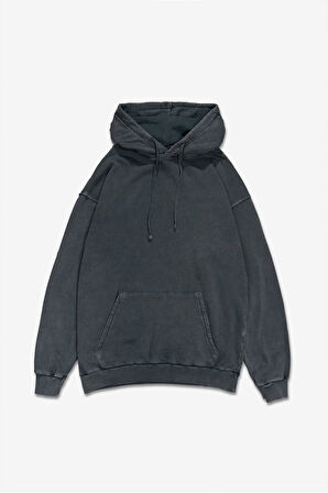 Yıkamalı Siyah Oversize Erkek Hoodie