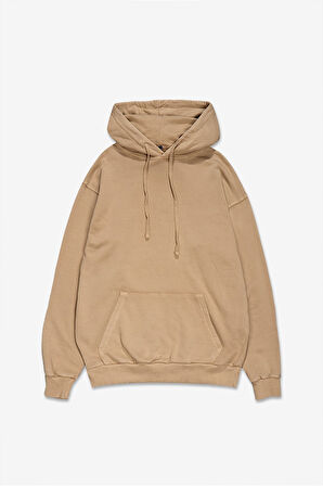 Yıkamalı Bej Oversize Erkek Hoodie