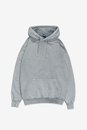 Yıkamalı Gri Oversize Erkek Hoodie