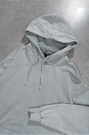 Yıkamalı Gri Oversize Erkek Hoodie