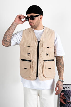 Bej Çok Cepli Utility Kargo Erkek Yelek
