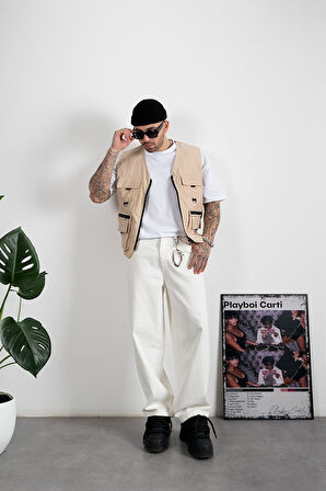 Bej Çok Cepli Utility Kargo Erkek Yelek